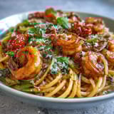 A close-up of Italian Drunken Noodles topped with fresh basil and grated Parmesan, served in a rustic white bowl.