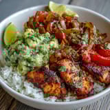 A steaming Sheet Pan Chicken Tinga Bowl features smoky chipotle chicken, charred veggies, and zesty lime wedges on the side.