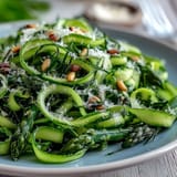 Elegant shaved asparagus salad with zesty lemon dressing and shaved Parmesan, perfect for a light spring appetizer.