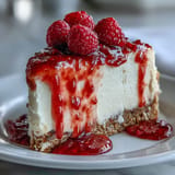 Silky smooth cream cheese filling on a golden biscuit base, drizzled with tangy homemade raspberry coulis in this easy Mother's Day dessert.  