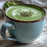 Creamy oat milk latte, a beautiful jade green, ready to be enjoyed hot.