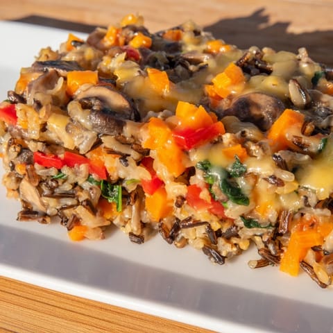 Rustic wild rice casserole, bubbling hot from the oven with melted cheese, perfect for a cozy dinner.
