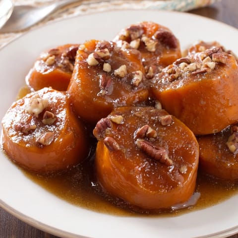 Golden, syrupy candied yams, a classic American side dish, glistening and ready to serve.