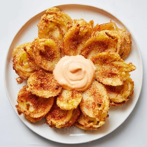 A close-up of blooming onion petals, with a velvety sauce beside, ready for a satisfying appetizer.