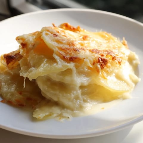 A close-up of cheesy, layered Au Gratin Potatoes, beautifully baked with a crispy, browned crust.