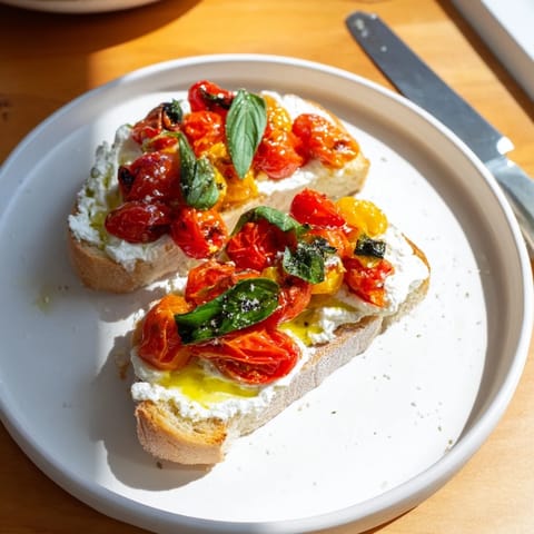 Freshly toasted sourdough topped with creamy whipped ricotta and sweet roasted cherry tomatoes, finished with fresh basil.