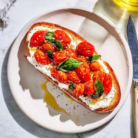 A close-up of golden brown tomato ricotta toast, drizzled with olive oil and sprinkled with flaky sea salt.