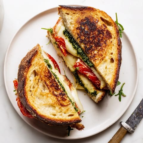 A close-up of a Roasted Tomato Pesto Grilled Cheese sandwich with roasted tomatoes and pesto.