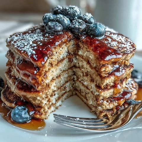Fluffy protein power pancakes topped with Greek yogurt and fresh berries on a rustic breakfast table.  