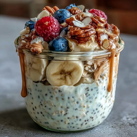 Creamy overnight oats with chia seeds layered in a jar, topped with fresh blueberries and sliced banana for a healthy breakfast.