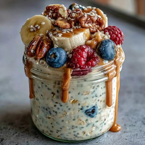A jar of overnight oats with chia seeds and Greek yogurt, swirled with almond butter and topped with crunchy walnuts.
