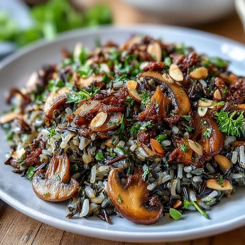 Hearty wild rice and mushroom pilaf served warm as a vegetarian main or savory side dish.