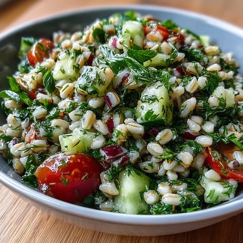 A close-up of barley and herb salad in a white bowl, featuring cherry tomatoes, cucumber, and fresh herbs tossed in a zesty lemon vinaigrette.