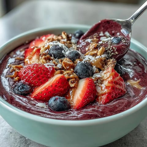 A thick, creamy Acai Berry Smoothie Bowl drizzled with almond butter, sprinkled with chia seeds and toasted coconut flakes.