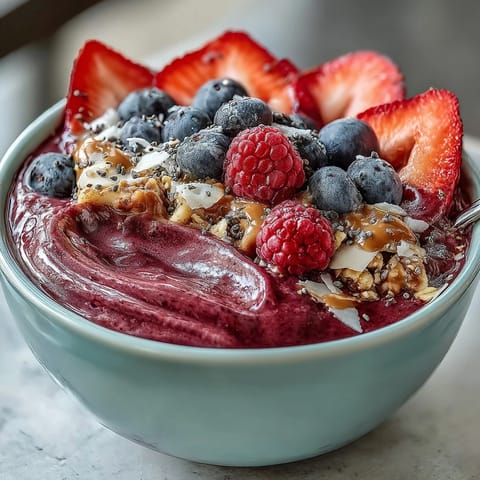 Vibrant purple Acai Berry Smoothie Bowl topped with fresh banana slices, juicy berries, and crunchy granola for a nutritious breakfast.