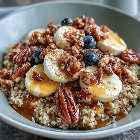 Nutty buckwheat groats breakfast topped with crunchy pecans and sweet sliced bananas.