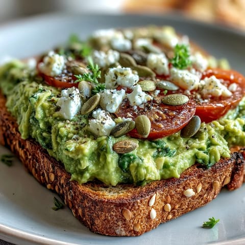 Creamy mashed avocado with lemon and sea salt spread on crispy, golden-brown avocado toast on whole grain bread, topped with fresh tomato slices and a sprinkle of pumpkin seeds.