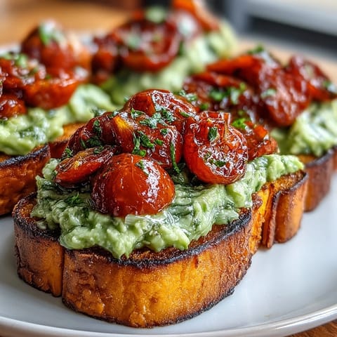 Roasted sweet potato slices topped with creamy avocado and fresh cherry tomatoes, perfect for a savory snack.