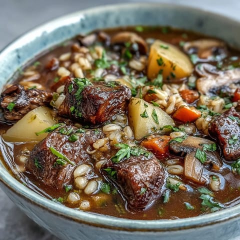 A ladle full of hearty Vegetable Beef, Barley, and Mushroom Soup is held above a Dutch oven, showing tender beef and sliced carrots.