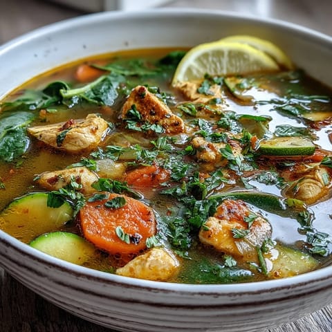 A fragrant pot of Turmeric Chicken Soup simmering with turmeric, ginger, and wilted spinach leaves.