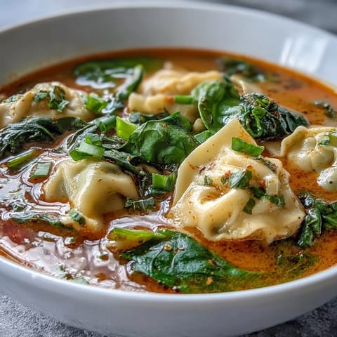 A steaming bowl of Red Curry Wonton Soup with Greens garnished with fresh cilantro and lime.