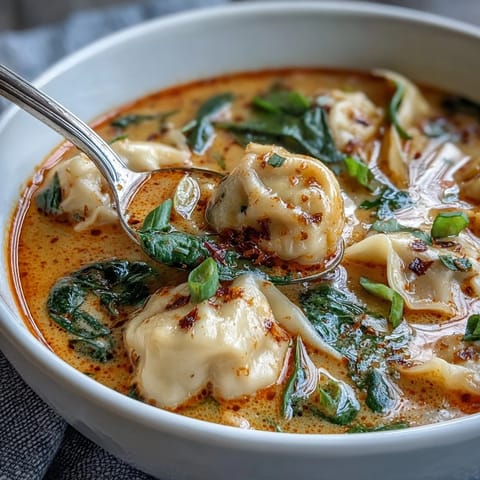 Red Curry Wonton Soup with Greens in a rustic bowl with carrots and snow peas.