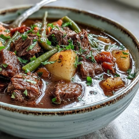 A warm bowl of beef and vegetable soup featuring root vegetables like potatoes and carrots, perfect with crusty bread for dipping.