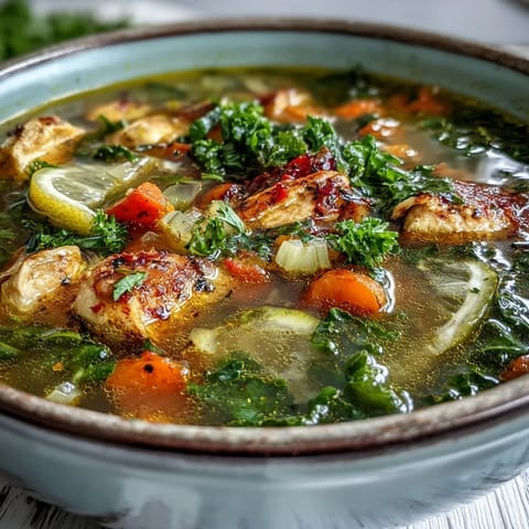 A steaming ladle lifts tender chicken and diced carrots from the savory High Protein Lemon and Turmeric Chicken Soup. 