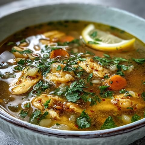 Hearty Soothing Turmeric Chicken With Pearl Barley simmering in a pot, featuring tender chicken, carrots, and celery.