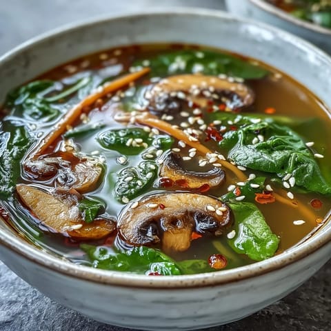 A steaming bowl of Miso Ginger Winter Soup, garnished with sesame seeds and fresh cilantro, served alongside crisp rice crackers.