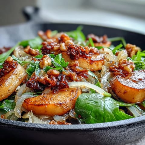 Fork-ready greens and toasted pecans top a plated serving of the Warm Apple and Sauerkraut Skillet Salad beside roasted pork.