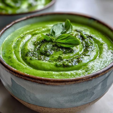 A vibrant green bowl of Courgette, Pea and Pesto Soup garnished with basil and served with crusty bread on the side.