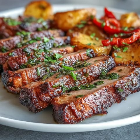 Golden-brown Marinated Ibérico Pork Fillet roasted with potatoes and red peppers on a rustic plate.