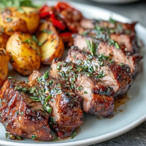 Sliced Marinated Ibérico Pork Fillet served with crispy potatoes and sweet roasted peppers for dinner.