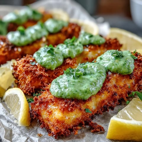 Crispy golden haddock goujons with Parmesan crust on a plate with pea pesto and lemon wedges.