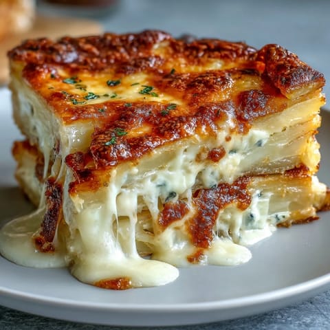 Freshly baked Cheese and Potato Pie emerges golden and bubbling from the oven.