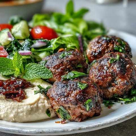 Served venison meatballs with spiced salad and hummus garnished with fresh mint leaves.