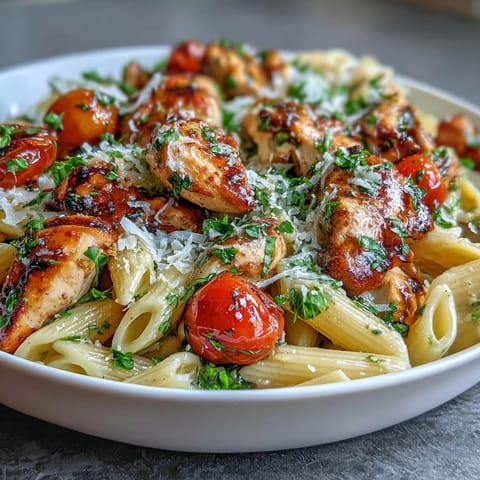 Sliced fresh basil and grated Parmesan top a warm skillet of Bruschetta Chicken Pasta with balsamic glaze.