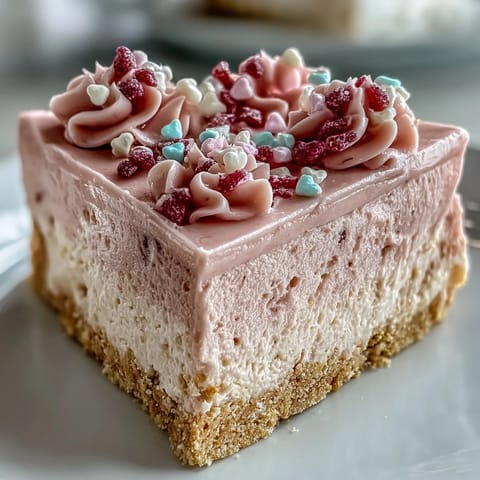 Thick slices of Candy Hearts Fake Cake show pastel candy hearts and sprinkles on creamy whipped frosting.