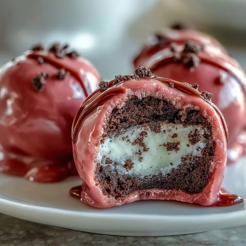 Pink candy-coated Oreo Truffle Balls on a white plate with edible pearl garnish.