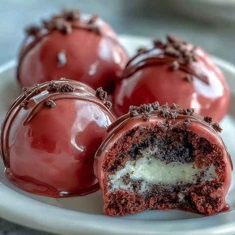 A hand dipping a chilled Oreo Truffle Ball into melted pink candy coating.