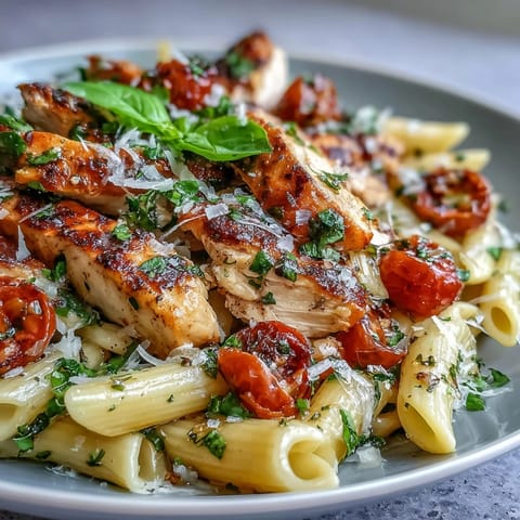 Golden seared chicken and al dente penne tossed with juicy cherry tomatoes and melty mozzarella in Bruschetta Chicken Pasta.