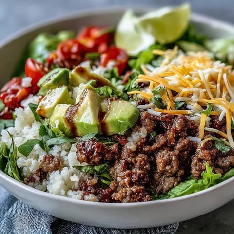 A Low Carb Burrito Bowl topped with creamy sour cream, juicy tomatoes, and fresh cilantro next to lime wedges.