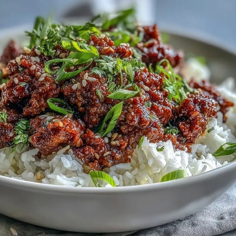 Plated Easy Korean Beef Bowl with savory ground beef, gochujang sauce, and fresh cucumber, carrot, and green onion garnishes.