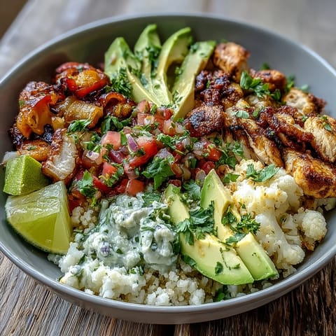 Golden-brown roasted chicken, vibrant peppers, and onions for a Sheet Pan Fajita Bowl topped with fresh avocado and cilantro.