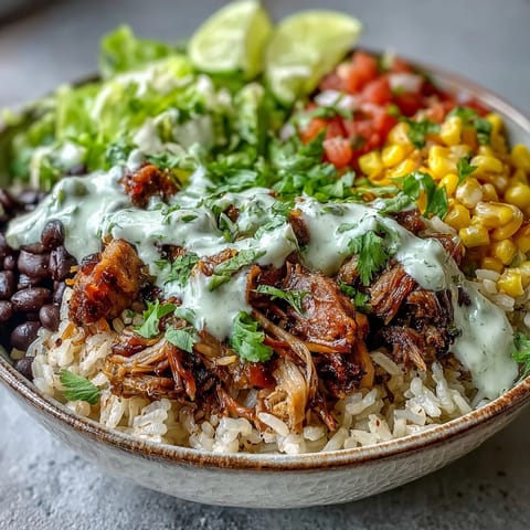 Golden-brown carnitas piled high on fluffy rice with black beans, corn, and crisp lettuce in a Carnitas Burrito Bowl.