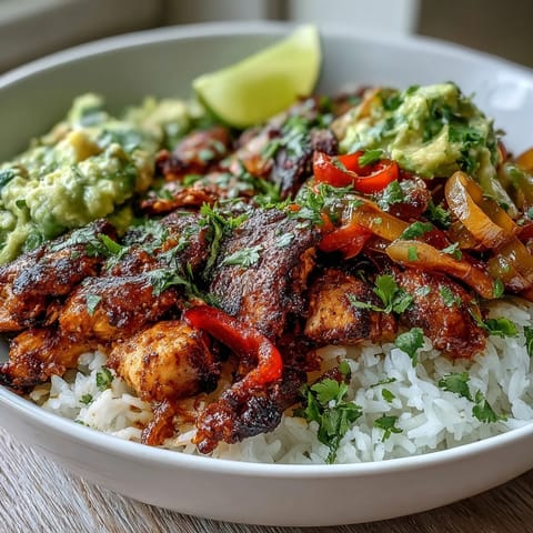 Golden-brown Sheet Pan Chicken Tinga Bowl with roasted peppers and onions atop fluffy rice, crowned with chunky avocado salsa.