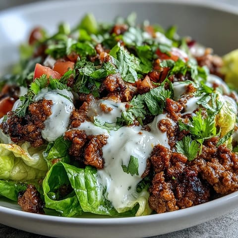 Colorful and nutritious taco bowl featuring lean ground beef, fresh veggies, and a creamy lime yogurt dressing for a balanced meal.  