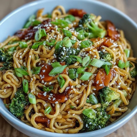 A steaming bowl of Asian teriyaki noodle bowl with tender egg noodles and crisp broccoli in a glossy, savory sauce, topped with toasted sesame seeds.
