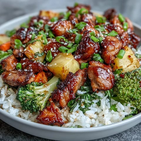 Teriyaki chicken and rice bowl with tender glazed chicken, stir-fried vegetables, and fresh pineapple over fluffy steamed rice.